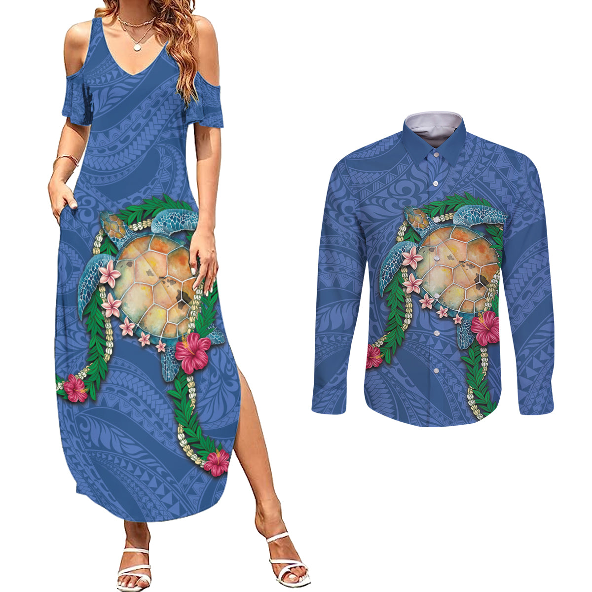 Hawaii Pikake and Maile Lei Couples Matching Summer Maxi Dress and Long Sleeve Button Shirt Honu Polynesian Pattern Blue Color