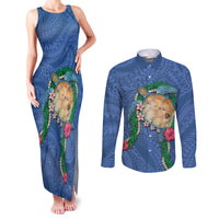 Hawaii Pikake and Maile Lei Couples Matching Tank Maxi Dress and Long Sleeve Button Shirt Honu Polynesian Pattern Blue Color