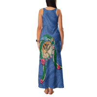 Hawaii Pikake and Maile Lei Family Matching Tank Maxi Dress and Hawaiian Shirt Honu Polynesian Pattern Blue Color