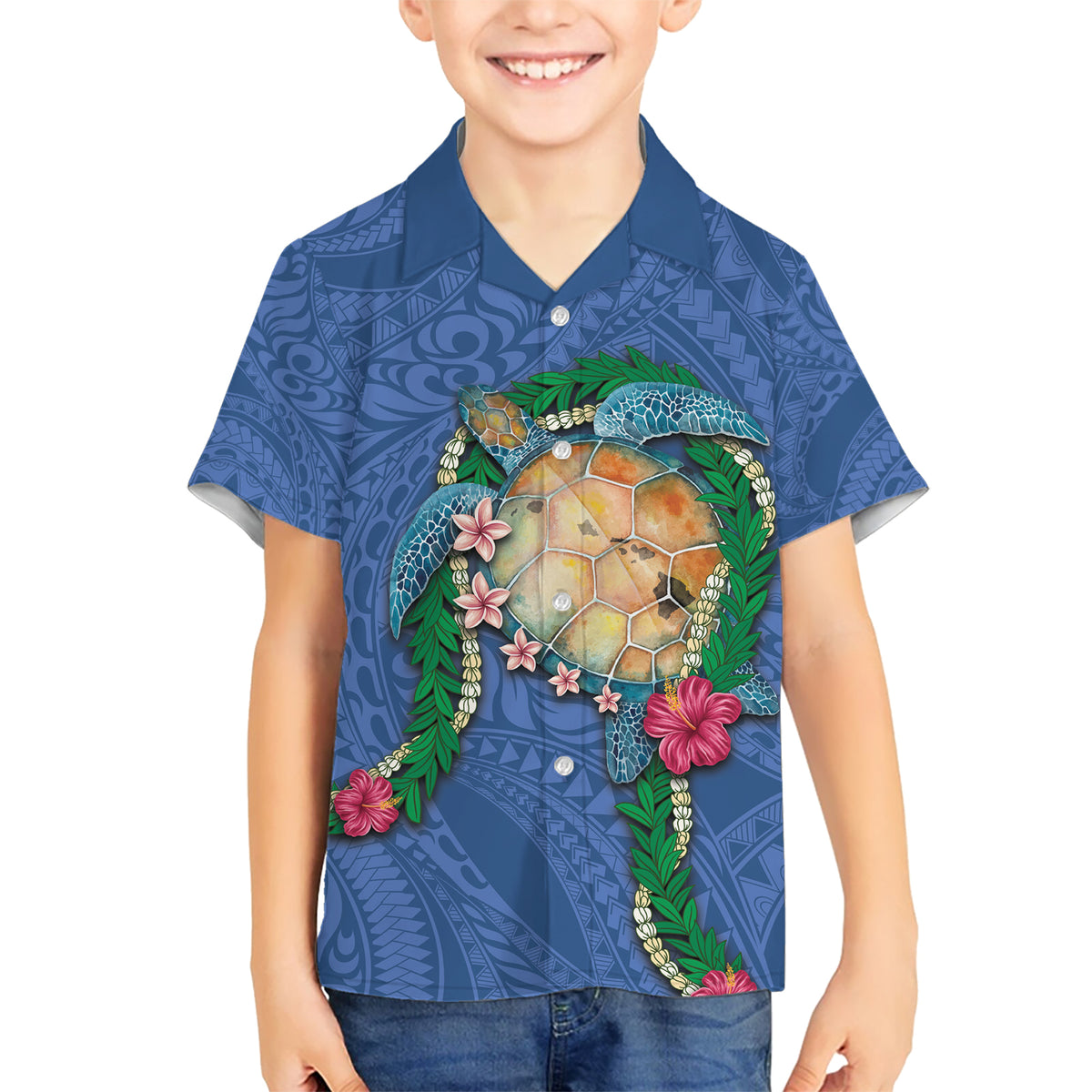 Hawaii Pikake and Maile Lei Kid Hawaiian Shirt Honu Polynesian Pattern Blue Color LT03 Kid Blue - Polynesian Pride