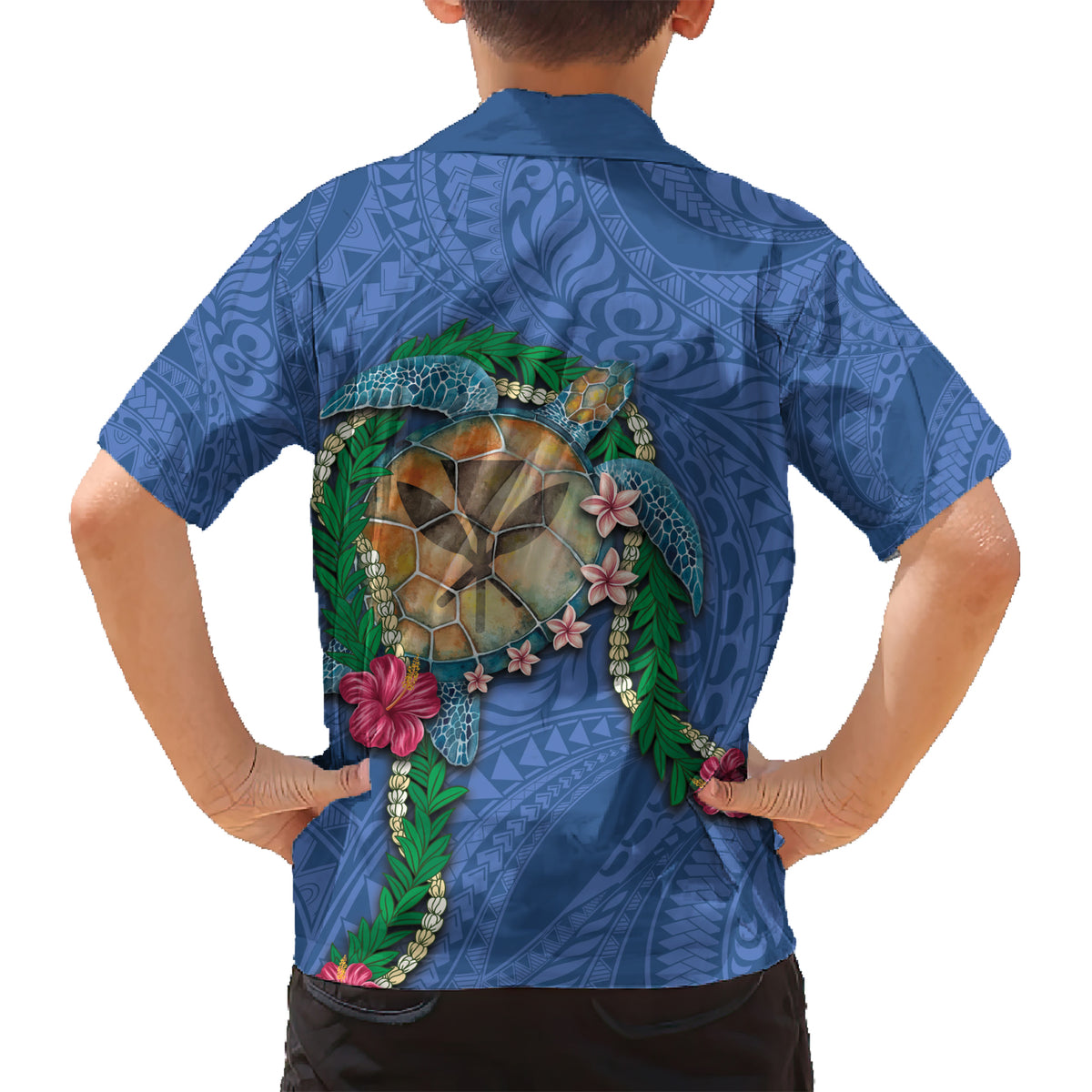 Hawaii Pikake and Maile Lei Kid Hawaiian Shirt Honu Polynesian Pattern Blue Color LT03 - Polynesian Pride