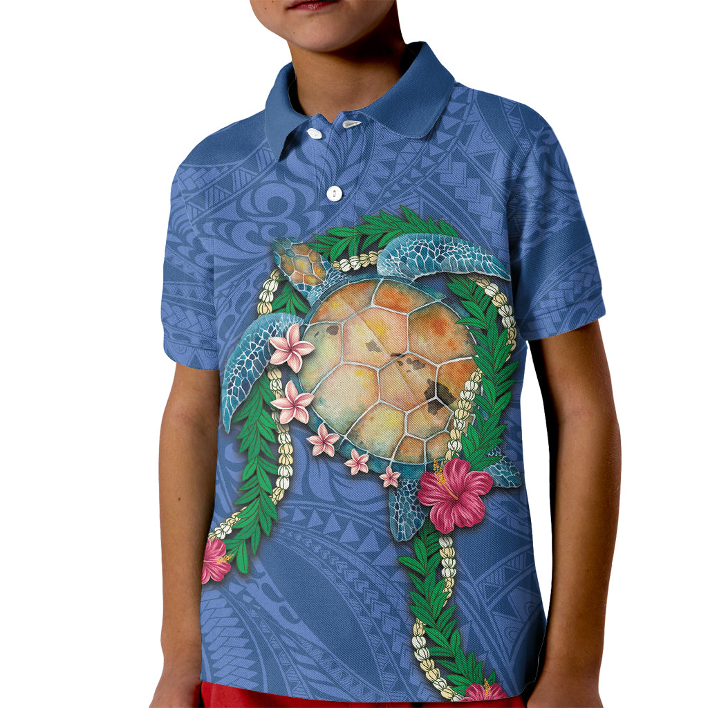 Hawaii Pikake and Maile Lei Kid Polo Shirt Honu Polynesian Pattern Blue Color