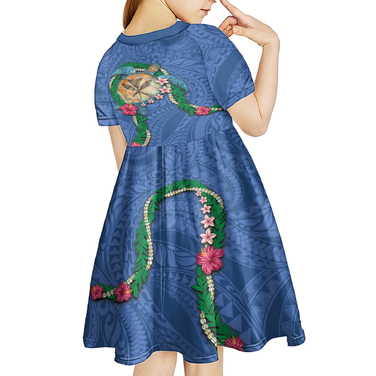 Hawaii Pikake and Maile Lei Kid Short Sleeve Dress Honu Polynesian Pattern Blue Color