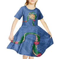 Hawaii Pikake and Maile Lei Kid Short Sleeve Dress Honu Polynesian Pattern Blue Color