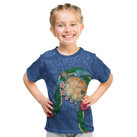 Hawaii Pikake and Maile Lei Kid T Shirt Honu Polynesian Pattern Blue Color
