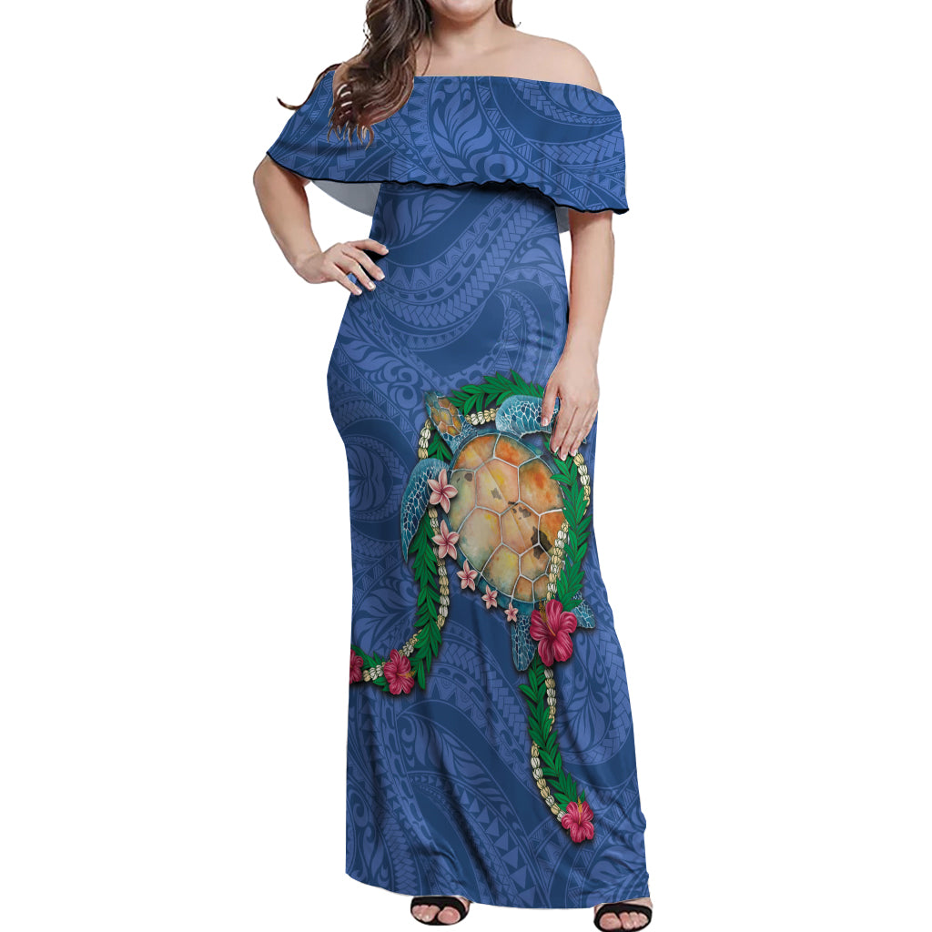 Hawaii Pikake and Maile Lei Off Shoulder Maxi Dress Honu Polynesian Pattern Blue Color