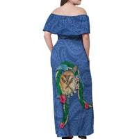 Hawaii Pikake and Maile Lei Off Shoulder Maxi Dress Honu Polynesian Pattern Blue Color