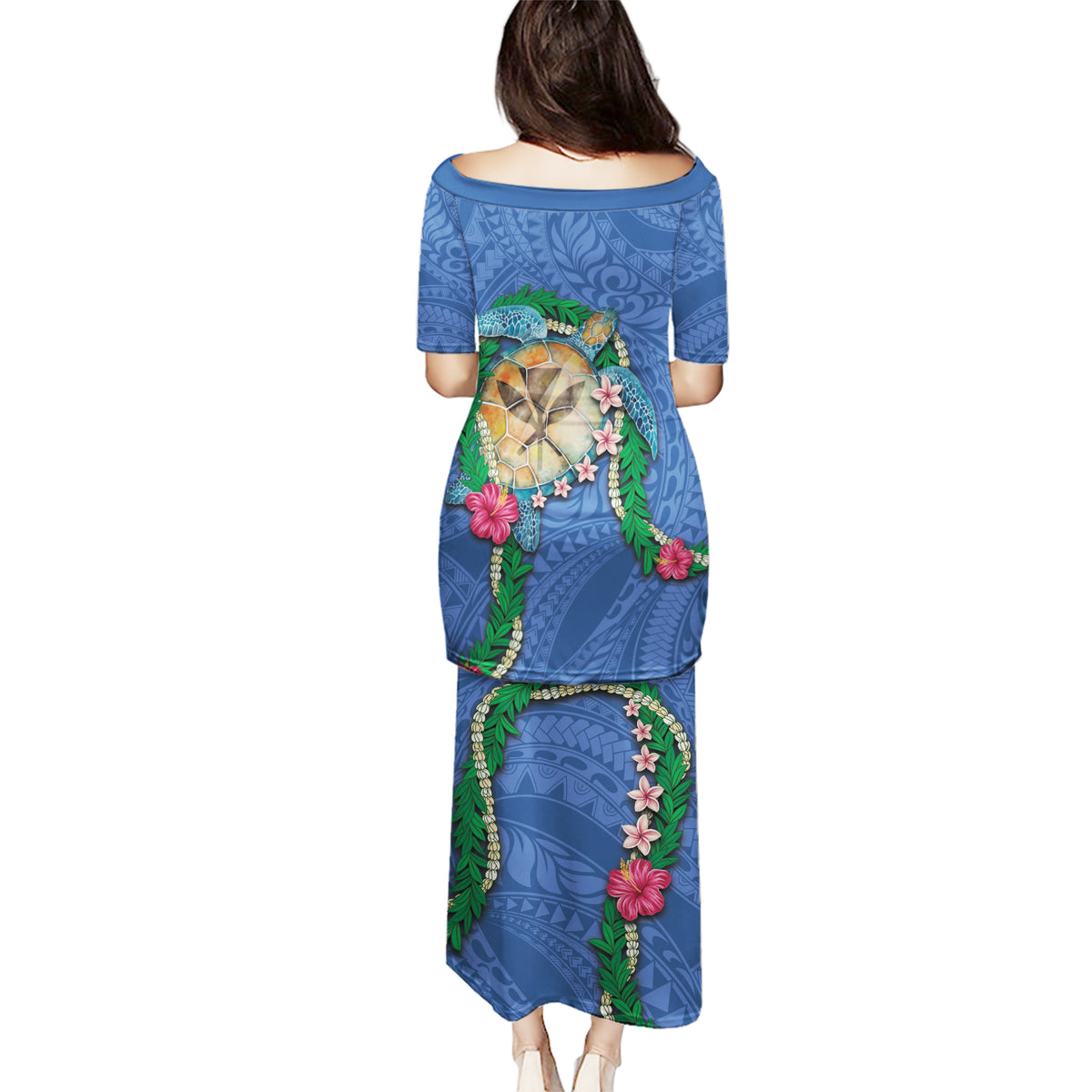 Hawaii Pikake and Maile Lei Puletasi Honu Polynesian Pattern Blue Color