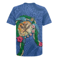 Hawaii Pikake and Maile Lei Rugby Jersey Honu Polynesian Pattern Blue Color