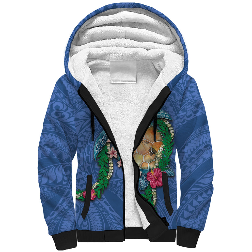Hawaii Pikake and Maile Lei Sherpa Hoodie Honu Polynesian Pattern Blue Color