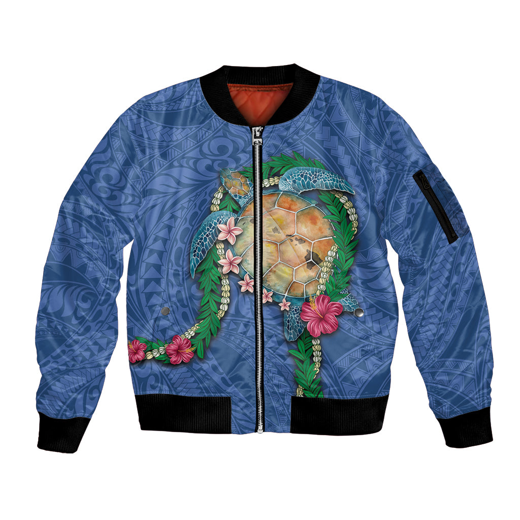 Hawaii Pikake and Maile Lei Sleeve Zip Bomber Jacket Honu Polynesian Pattern Blue Color