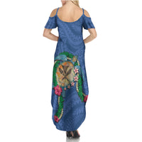 Hawaii Pikake and Maile Lei Summer Maxi Dress Honu Polynesian Pattern Blue Color