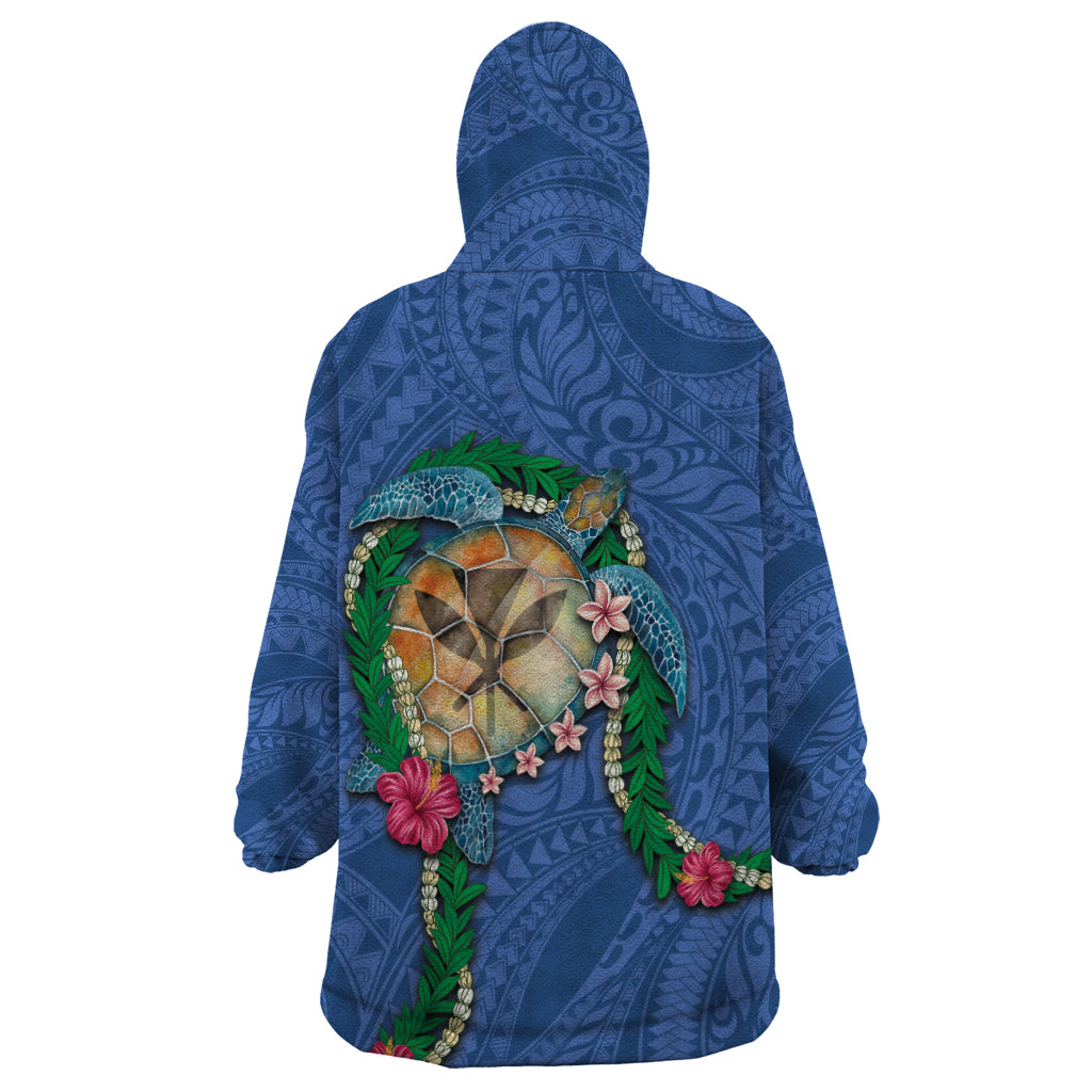 Hawaii Pikake and Maile Lei Wearable Blanket Hoodie Honu Polynesian Pattern Blue Color