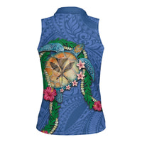 Hawaii Pikake and Maile Lei Women Sleeveless Polo Shirt Honu Polynesian Pattern Blue Color