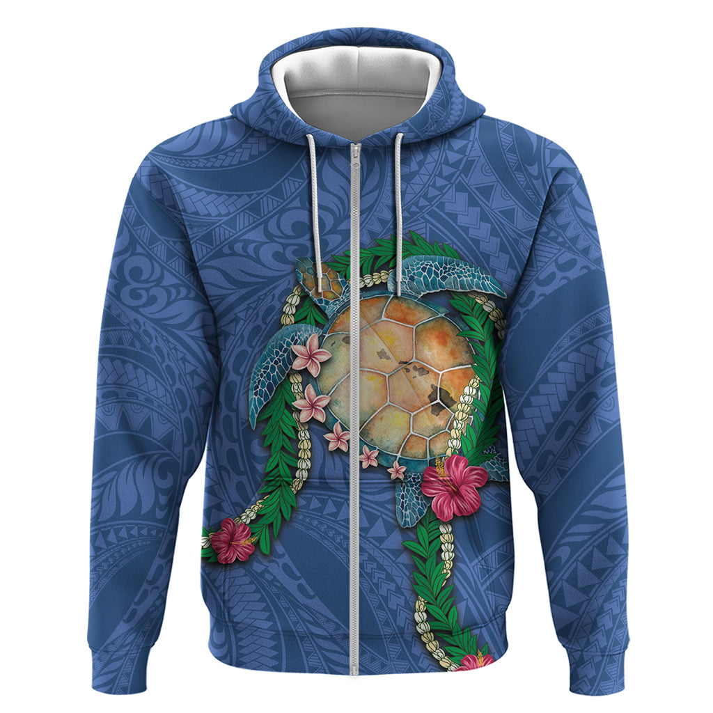 Hawaii Pikake and Maile Lei Zip Hoodie Honu Polynesian Pattern Blue Color