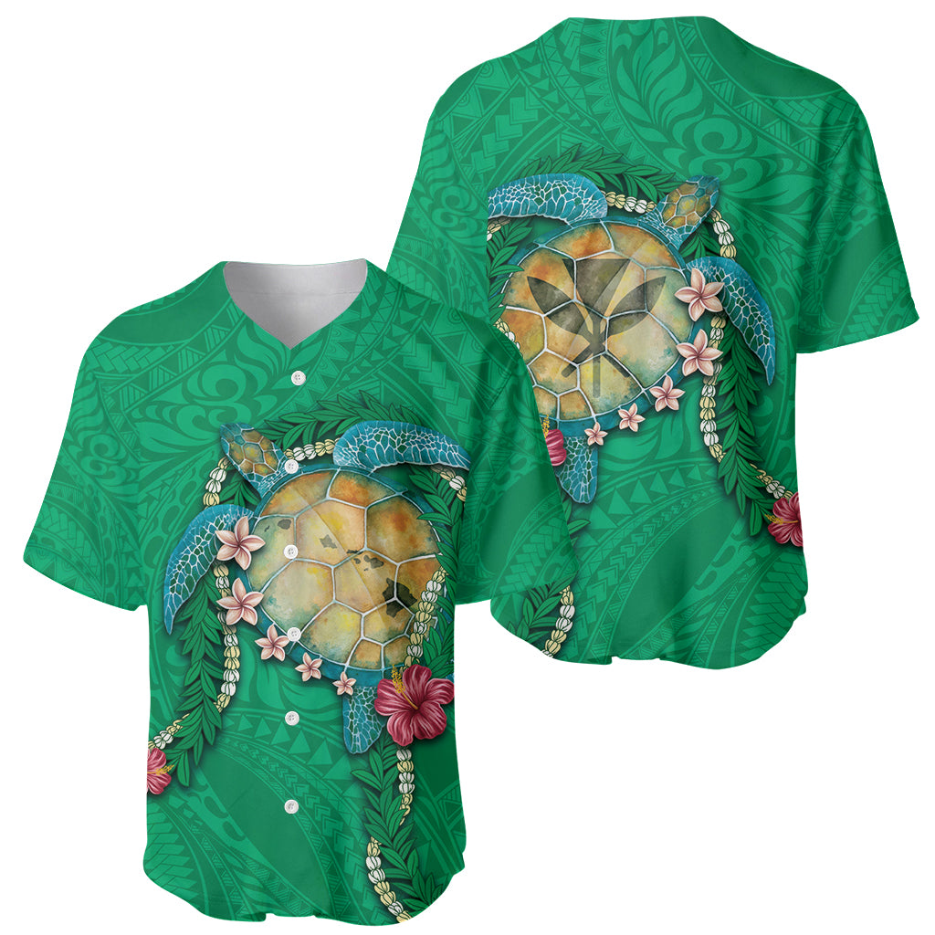 Hawaii Pikake and Maile Lei Baseball Jersey Honu Polynesian Pattern Green Color