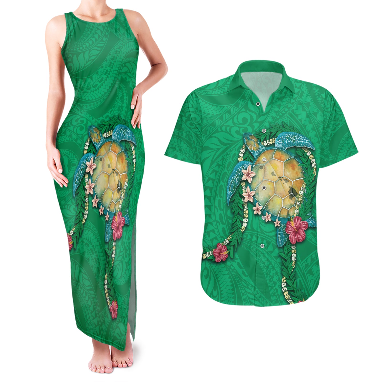 Hawaii Pikake and Maile Lei Couples Matching Tank Maxi Dress and Hawaiian Shirt Honu Polynesian Pattern Green Color