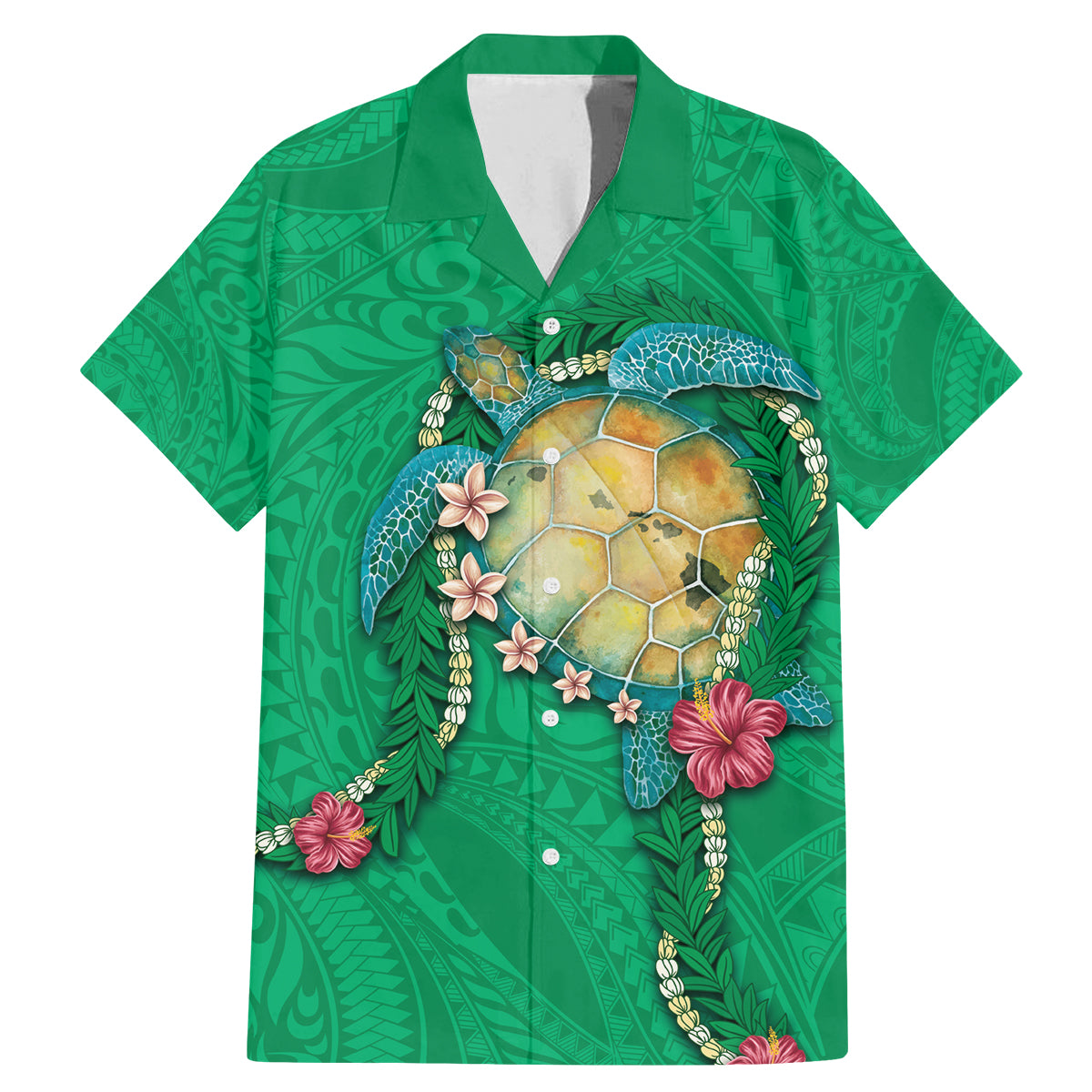 Hawaii Pikake and Maile Lei Family Matching Mermaid Dress and Hawaiian Shirt Honu Polynesian Pattern Green Color