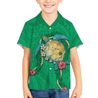 Hawaii Pikake and Maile Lei Family Matching Off Shoulder Short Dress and Hawaiian Shirt Honu Polynesian Pattern Green Color