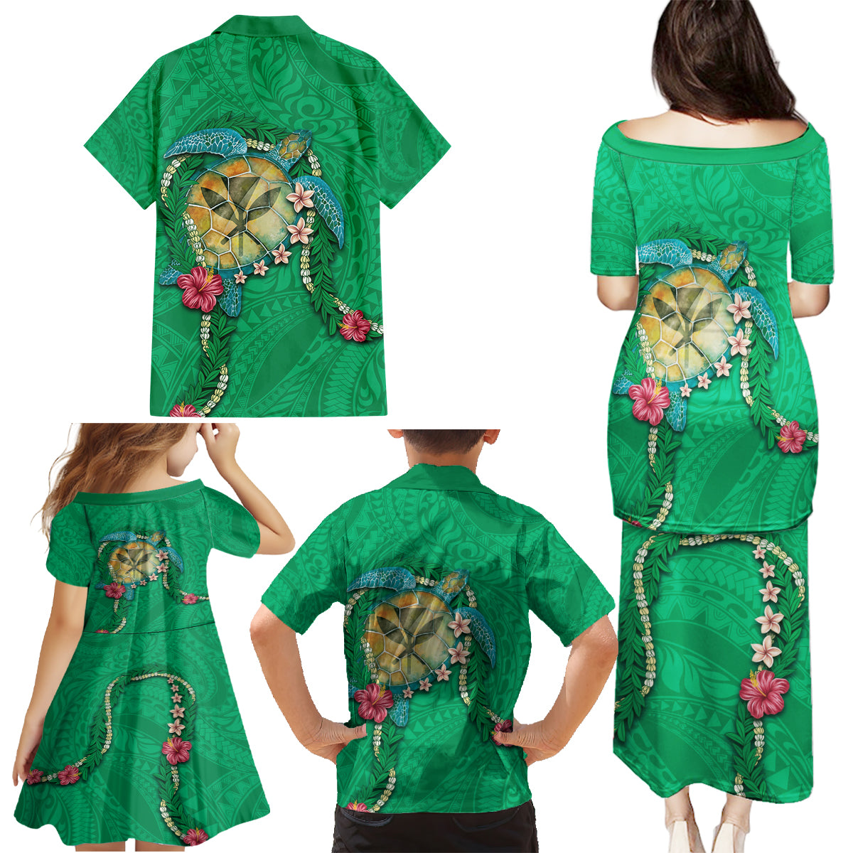 Hawaii Pikake and Maile Lei Family Matching Puletasi and Hawaiian Shirt Honu Polynesian Pattern Green Color