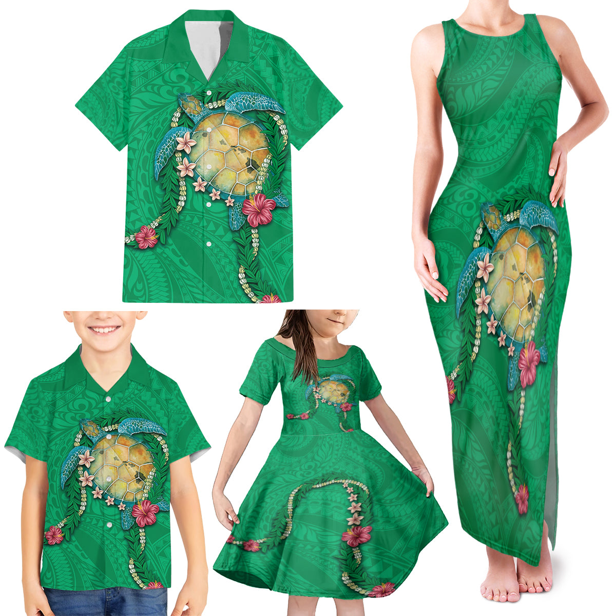 Hawaii Pikake and Maile Lei Family Matching Tank Maxi Dress and Hawaiian Shirt Honu Polynesian Pattern Green Color