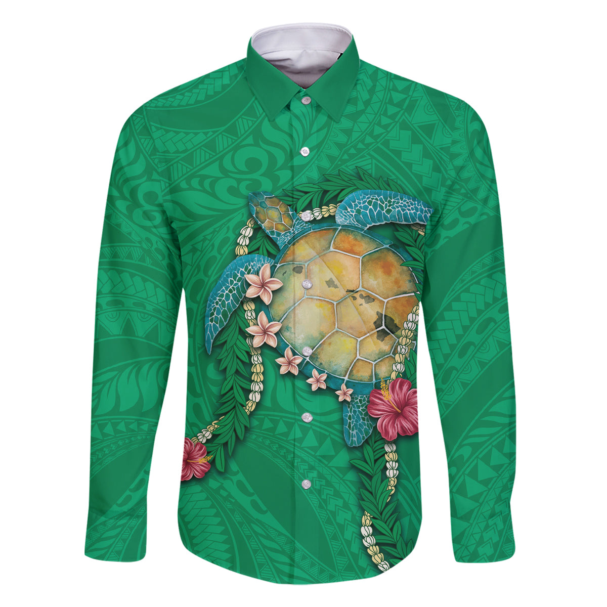 Hawaii Pikake and Maile Lei Family Matching Tank Maxi Dress and Hawaiian Shirt Honu Polynesian Pattern Green Color