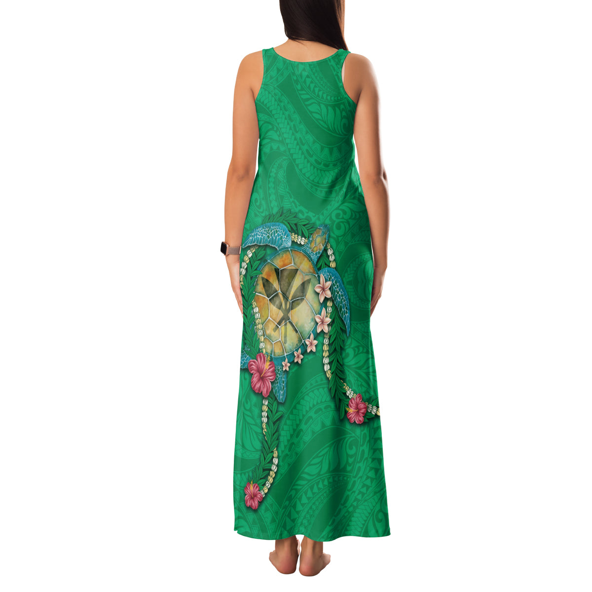Hawaii Pikake and Maile Lei Family Matching Tank Maxi Dress and Hawaiian Shirt Honu Polynesian Pattern Green Color