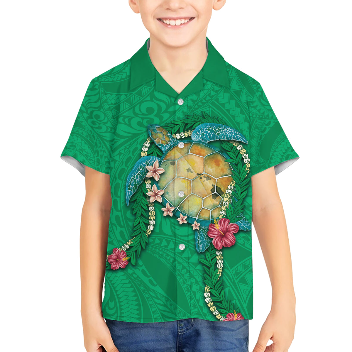 Hawaii Pikake and Maile Lei Kid Hawaiian Shirt Honu Polynesian Pattern Green Color LT03 Kid Green - Polynesian Pride