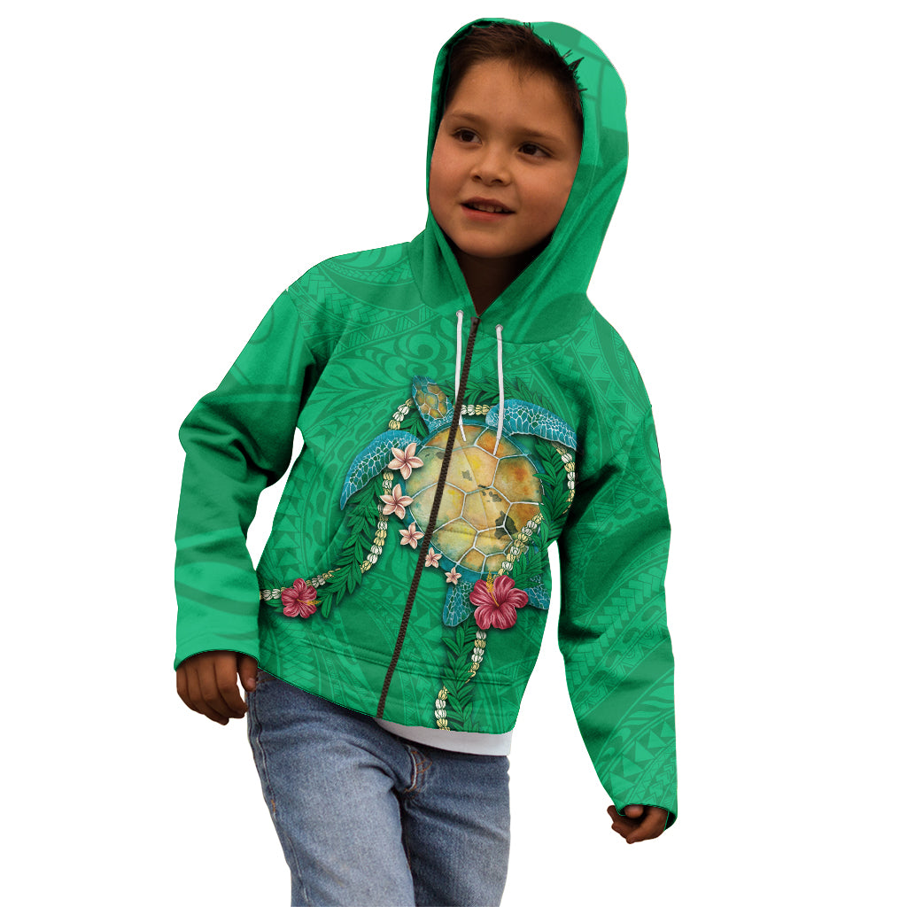 Hawaii Pikake and Maile Lei Kid Hoodie Honu Polynesian Pattern Green Color LT03 - Polynesian Pride