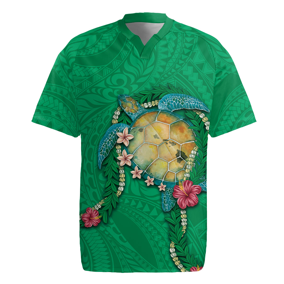 Hawaii Pikake and Maile Lei Rugby Jersey Honu Polynesian Pattern Green Color