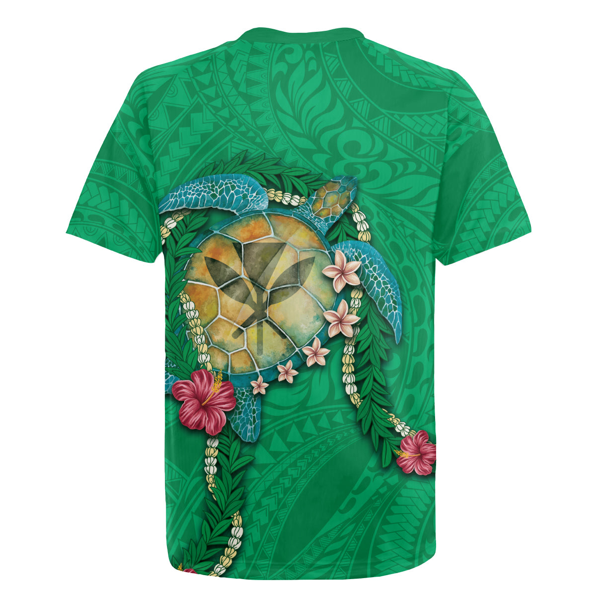 Hawaii Pikake and Maile Lei Rugby Jersey Honu Polynesian Pattern Green Color