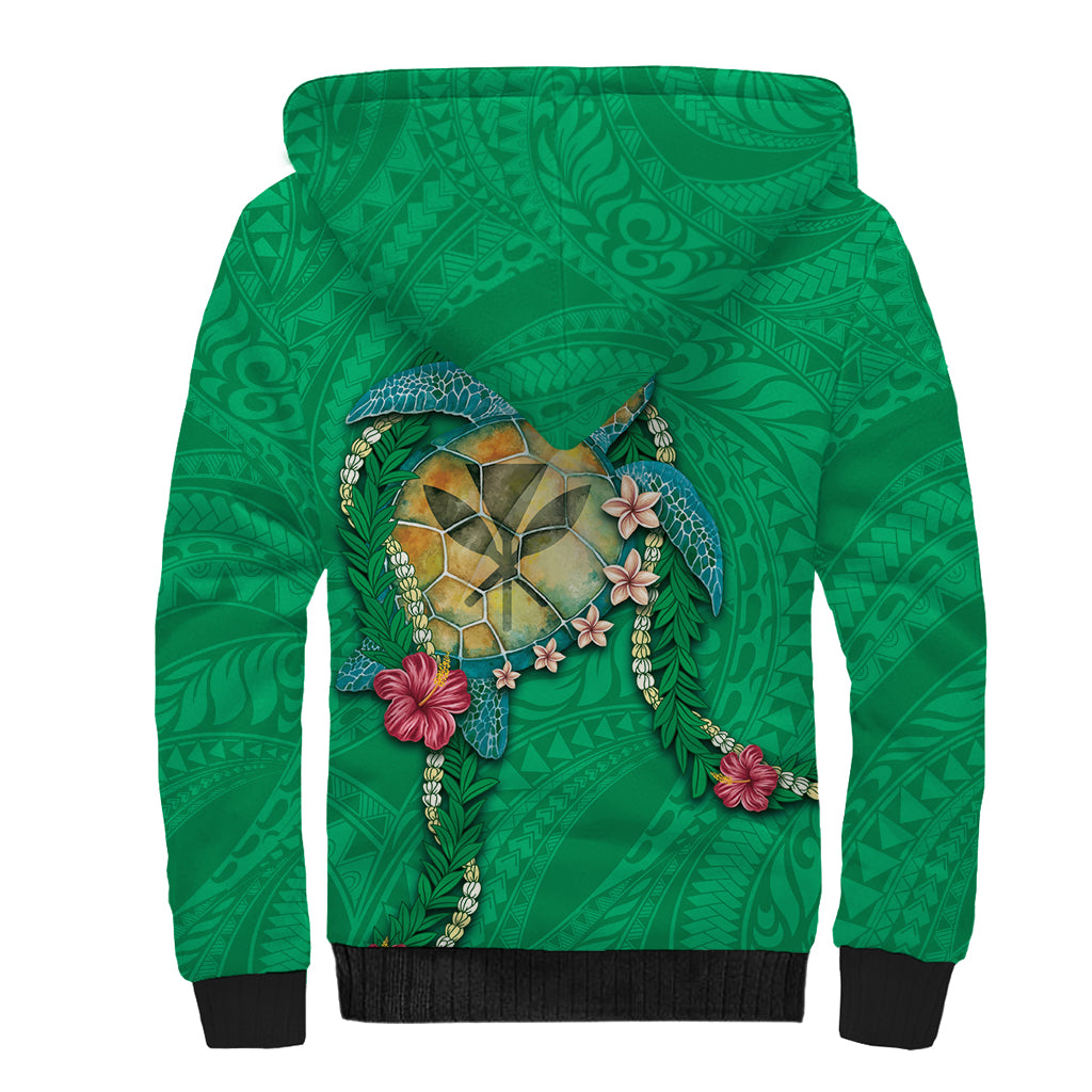 Hawaii Pikake and Maile Lei Sherpa Hoodie Honu Polynesian Pattern Green Color