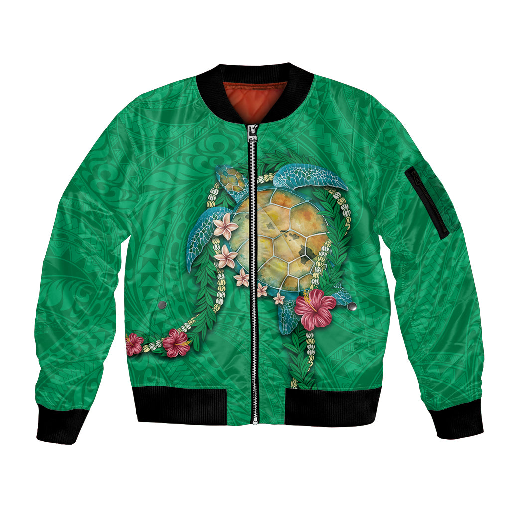 Hawaii Pikake and Maile Lei Sleeve Zip Bomber Jacket Honu Polynesian Pattern Green Color