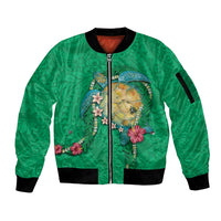 Hawaii Pikake and Maile Lei Sleeve Zip Bomber Jacket Honu Polynesian Pattern Green Color