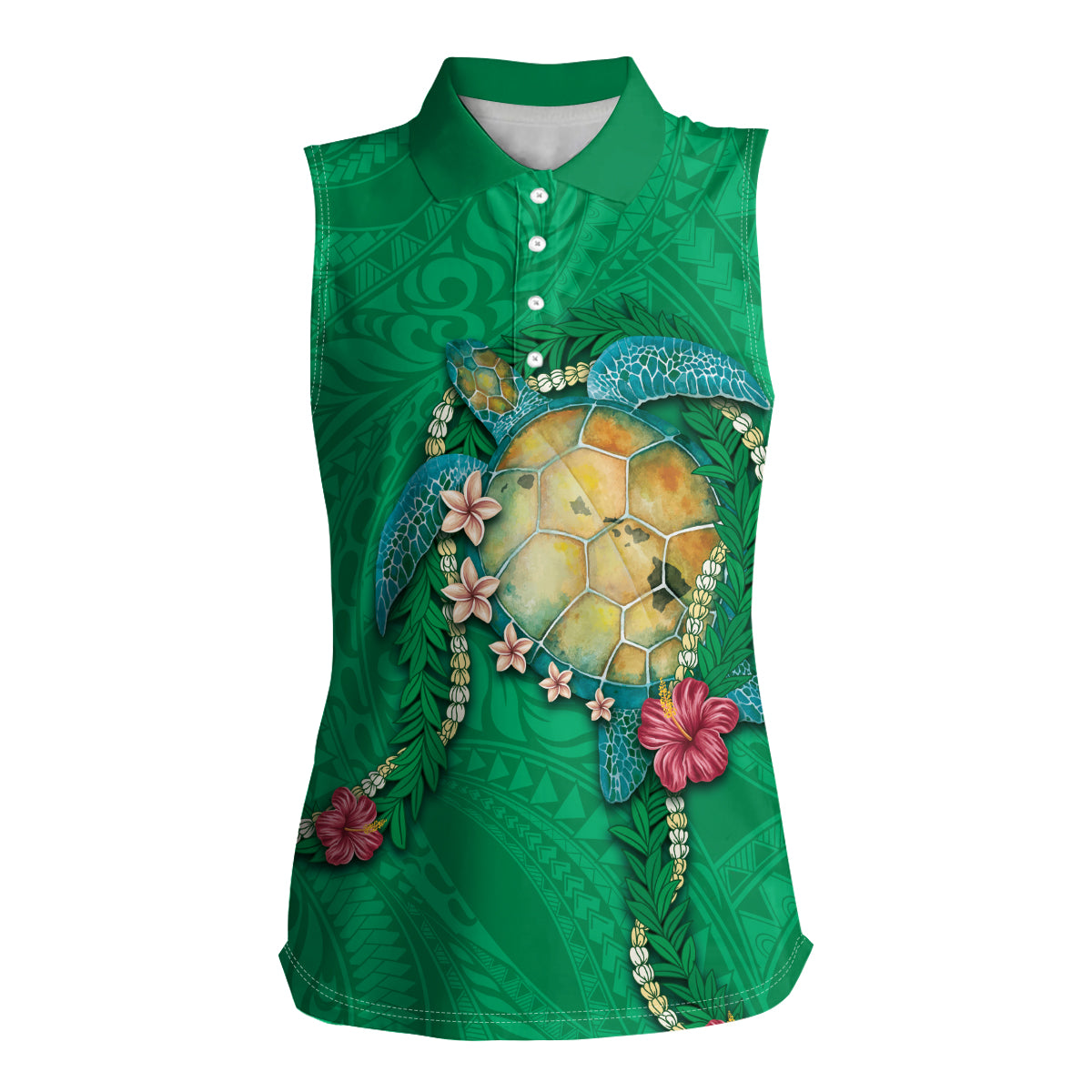 Hawaii Pikake and Maile Lei Women Sleeveless Polo Shirt Honu Polynesian Pattern Green Color