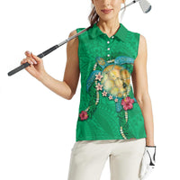 Hawaii Pikake and Maile Lei Women Sleeveless Polo Shirt Honu Polynesian Pattern Green Color