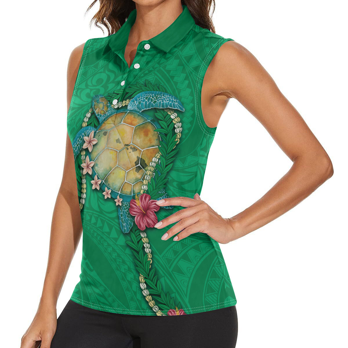 Hawaii Pikake and Maile Lei Women Sleeveless Polo Shirt Honu Polynesian Pattern Green Color