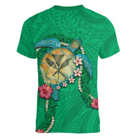Hawaii Pikake and Maile Lei Women V-Neck T-Shirt Honu Polynesian Pattern Green Color