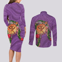 Hawaii Pikake and Maile Lei Couples Matching Long Sleeve Bodycon Dress and Long Sleeve Button Shirt Honu Polynesian Pattern Pink Color