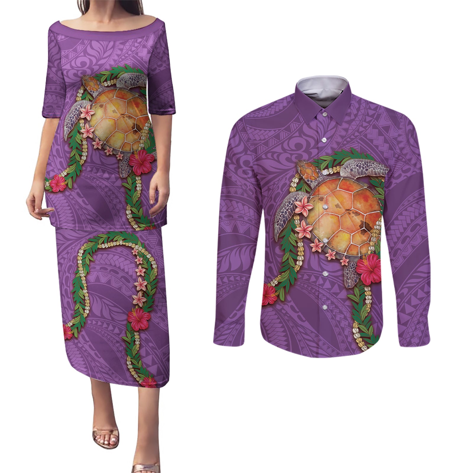 Hawaii Pikake and Maile Lei Couples Matching Puletasi and Long Sleeve Button Shirt Honu Polynesian Pattern Pink Color