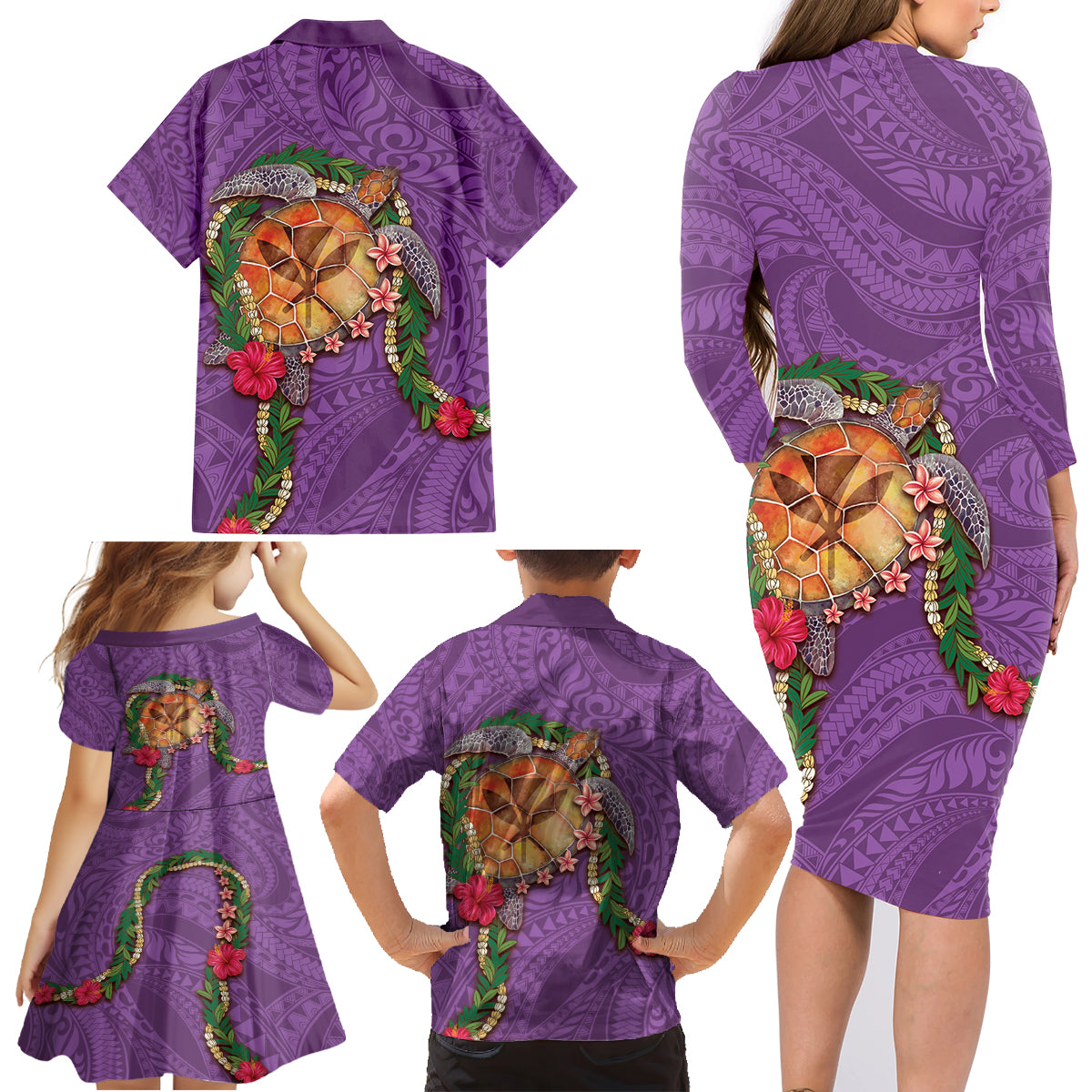 Hawaii Pikake and Maile Lei Family Matching Long Sleeve Bodycon Dress and Hawaiian Shirt Honu Polynesian Pattern Pink Color
