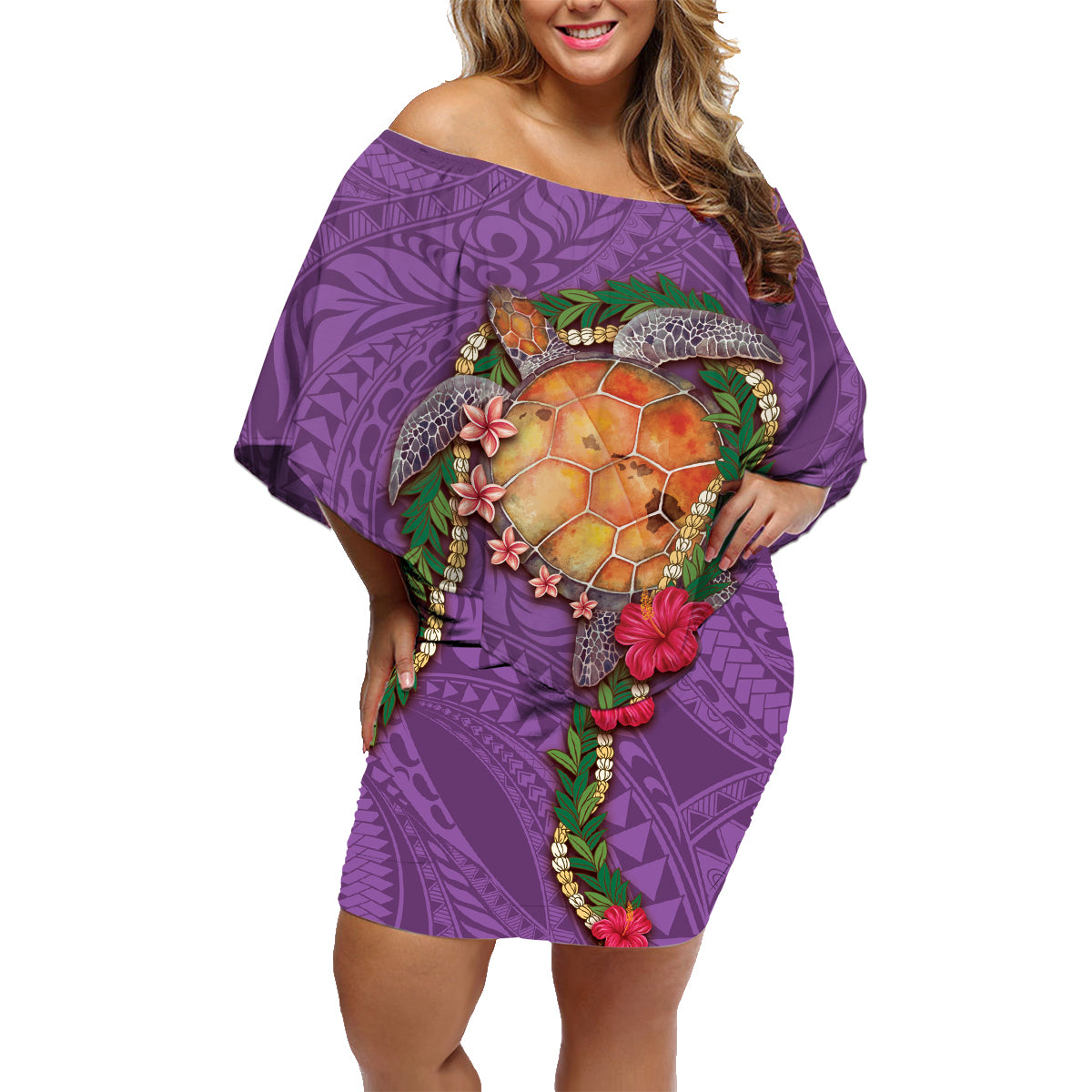 Hawaii Pikake and Maile Lei Family Matching Off Shoulder Short Dress and Hawaiian Shirt Honu Polynesian Pattern Pink Color