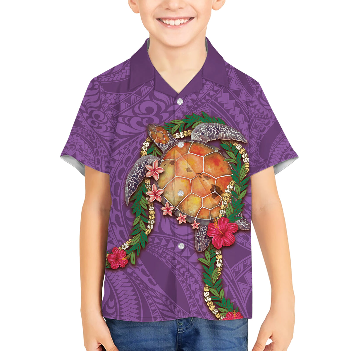 Hawaii Pikake and Maile Lei Kid Hawaiian Shirt Honu Polynesian Pattern Pink Color LT03 Kid Pink - Polynesian Pride