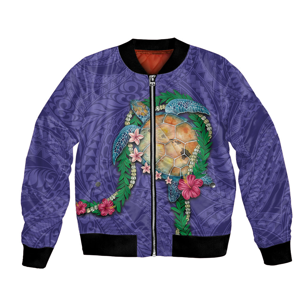 Hawaii Pikake and Maile Lei Bomber Jacket Honu Polynesian Pattern Purple Color