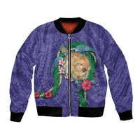Hawaii Pikake and Maile Lei Bomber Jacket Honu Polynesian Pattern Purple Color