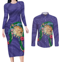 Hawaii Pikake and Maile Lei Couples Matching Long Sleeve Bodycon Dress and Long Sleeve Button Shirt Honu Polynesian Pattern Purple Color