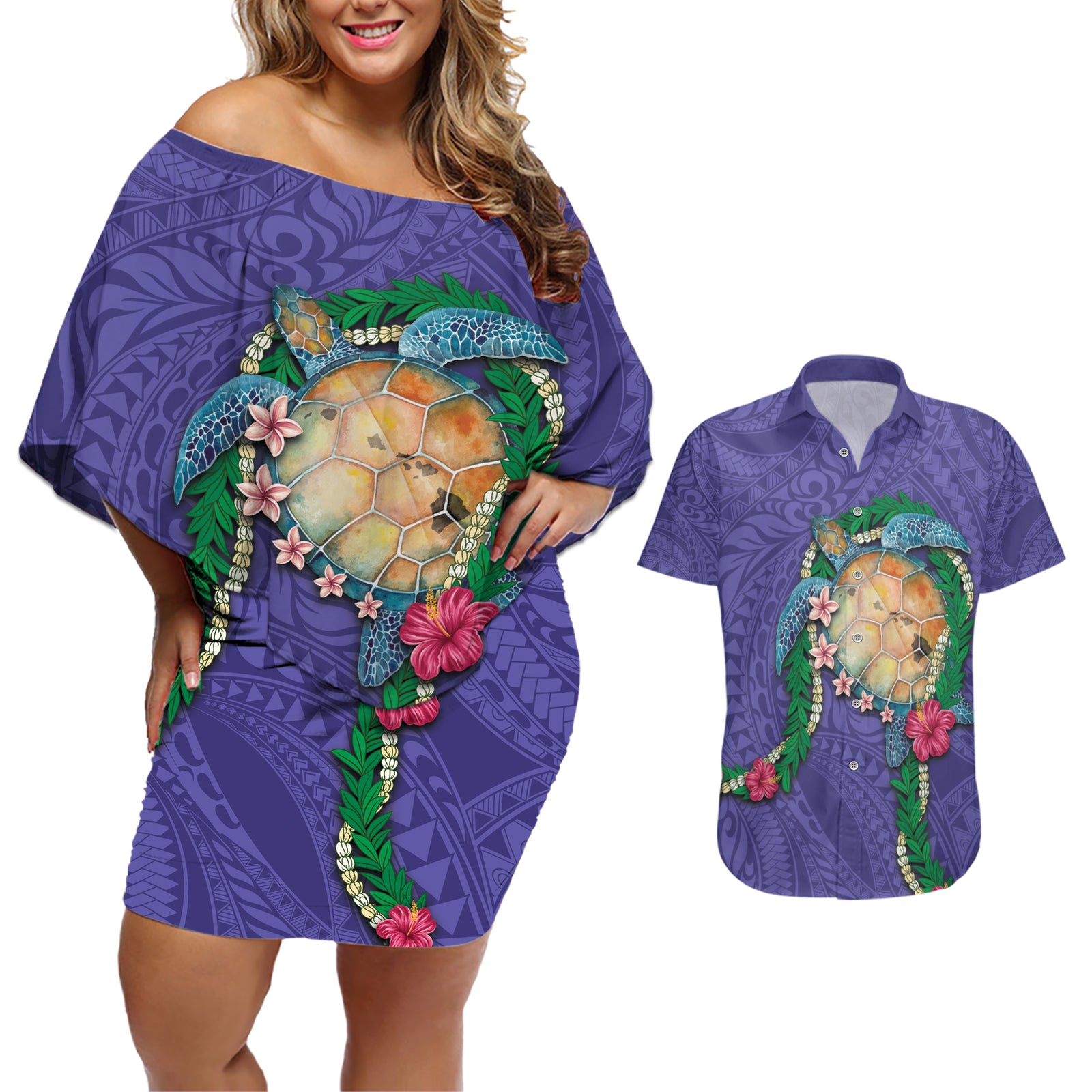 Hawaii Pikake and Maile Lei Couples Matching Off Shoulder Short Dress and Hawaiian Shirt Honu Polynesian Pattern Purple Color
