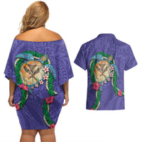 Hawaii Pikake and Maile Lei Couples Matching Off Shoulder Short Dress and Hawaiian Shirt Honu Polynesian Pattern Purple Color