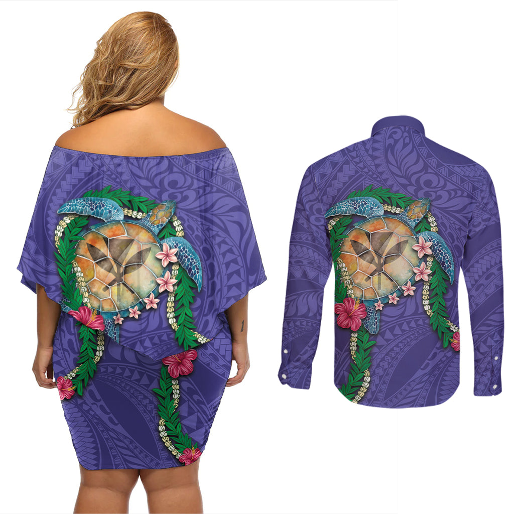 Hawaii Pikake and Maile Lei Couples Matching Off Shoulder Short Dress and Long Sleeve Button Shirt Honu Polynesian Pattern Purple Color