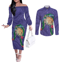 Hawaii Pikake and Maile Lei Couples Matching Off The Shoulder Long Sleeve Dress and Long Sleeve Button Shirt Honu Polynesian Pattern Purple Color